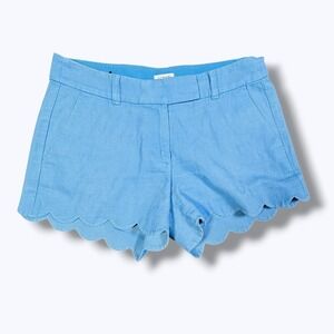 J.Crew Blue Linen Cotton Scalloped Hem Shorts Resort Summer Cruise Coastal Sz 2